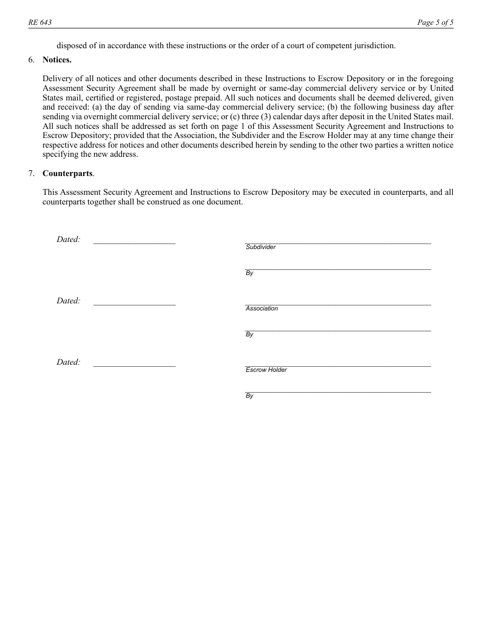 Form RE643 Assessment Security Agreement and Instructions to Escrow Depository - California, Page 5