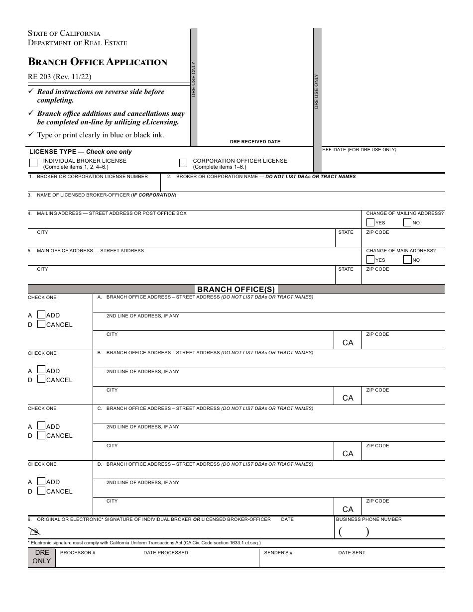 Form RE203 Branch Office Application - California, Page 1