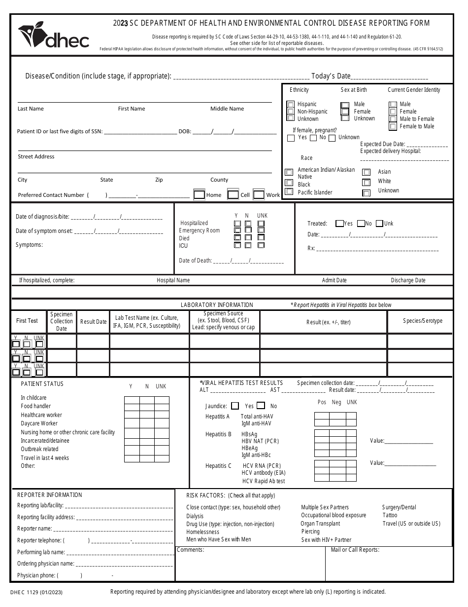 DHEC Form 1129 Disease Reporting Form - South Carolina, Page 1