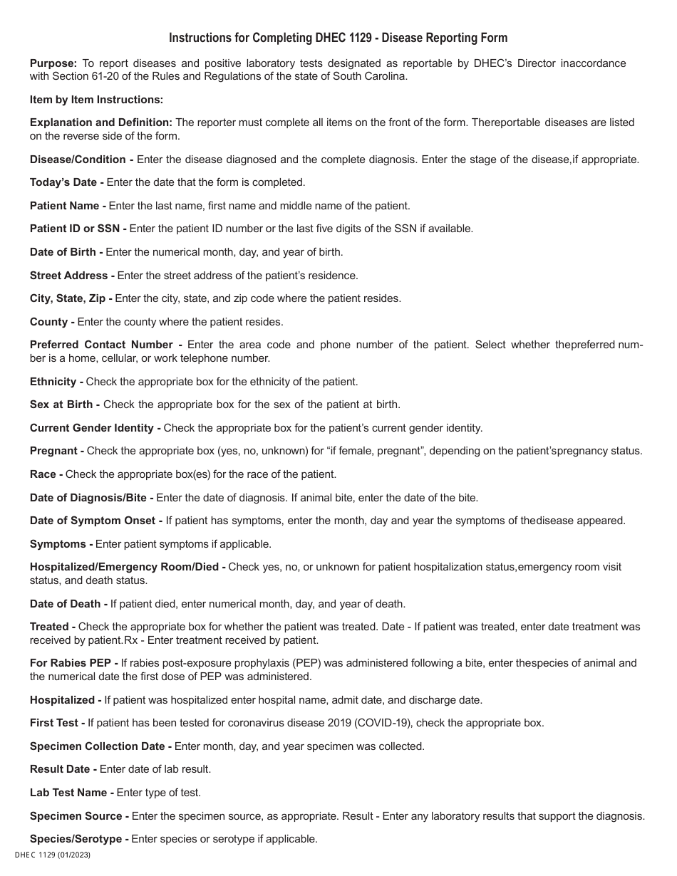 Dhec Form 1129 Download Fillable Pdf Or Fill Online Disease Reporting Form 2023 South 5967