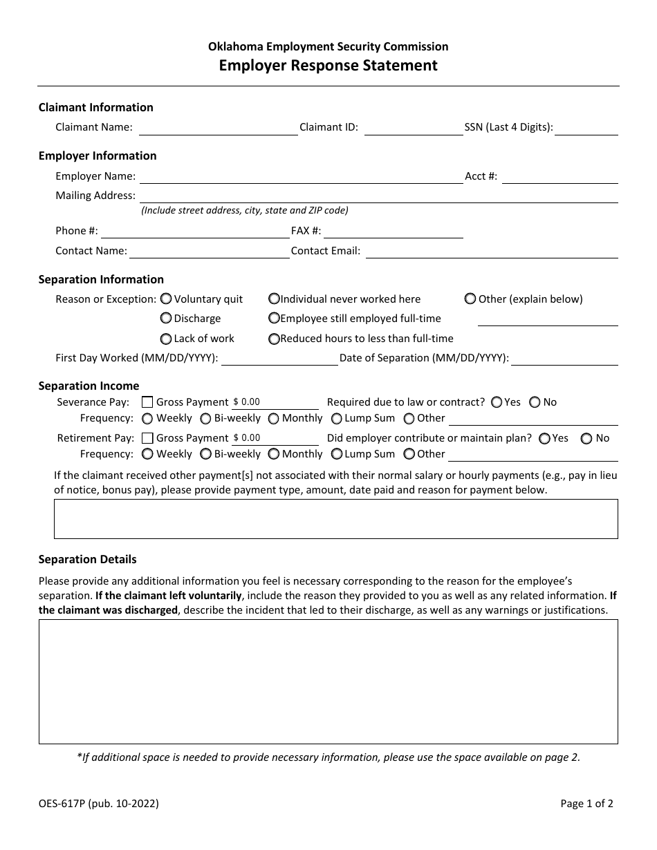 Form OES-617P Employer Response Statement - Oklahoma, Page 1