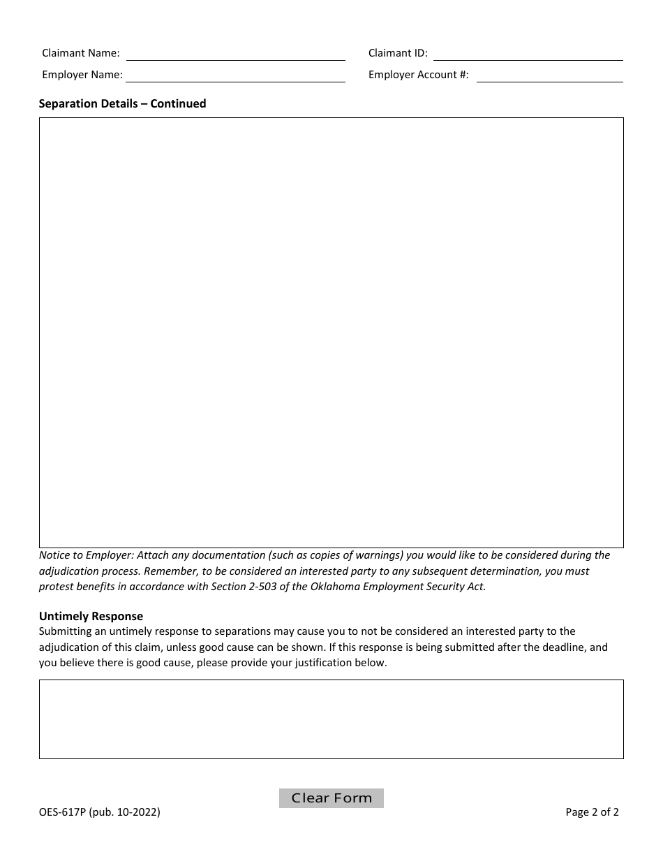 Form OES-617P Employer Response Statement - Oklahoma, Page 2