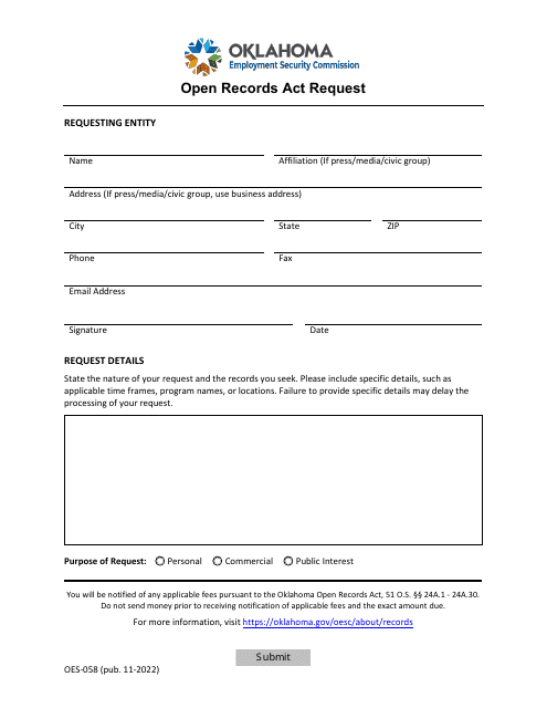 Form OES-058  Printable Pdf