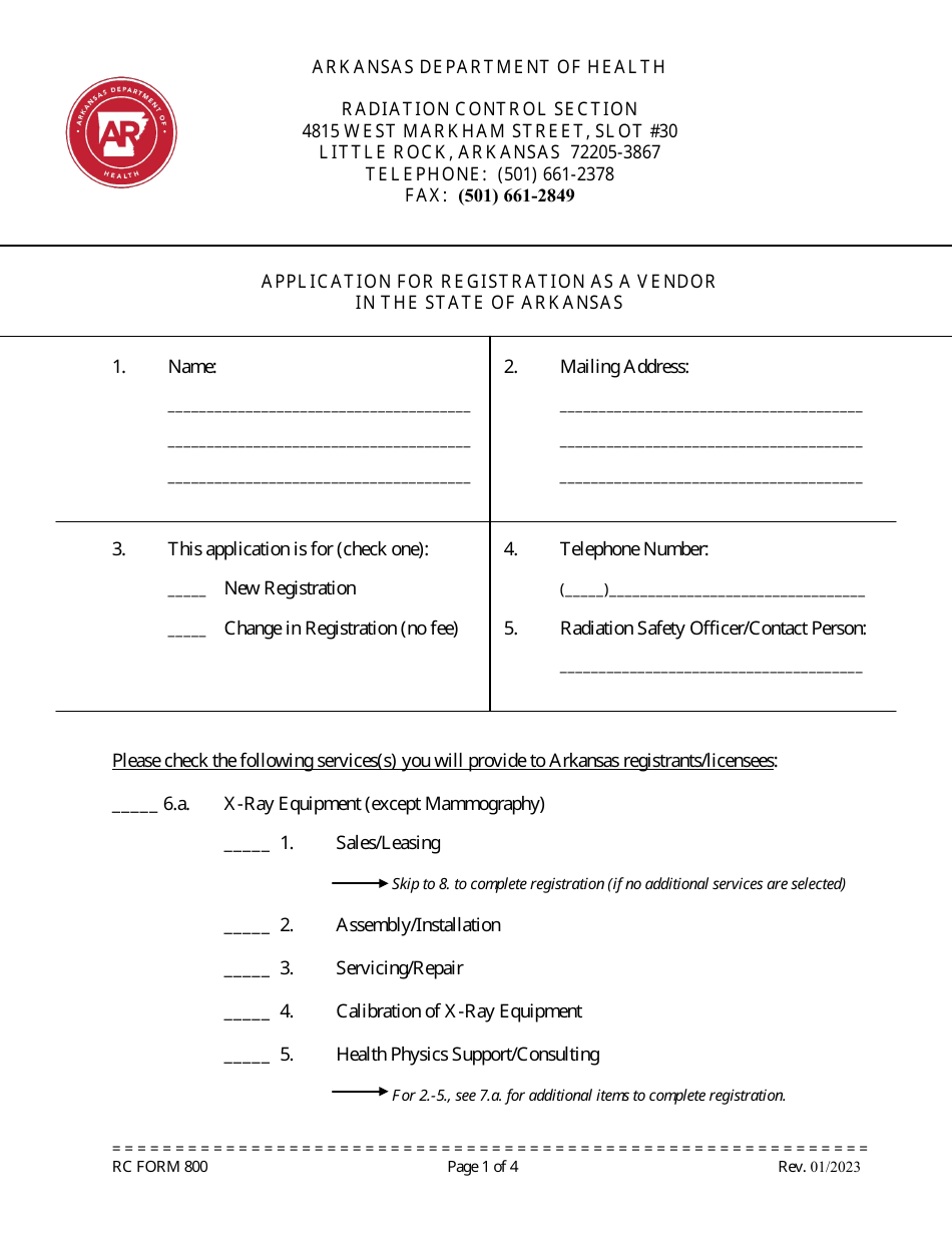 RC Form 800 Application for Registration as a Vendor in the State of Arkansas - Arkansas, Page 1