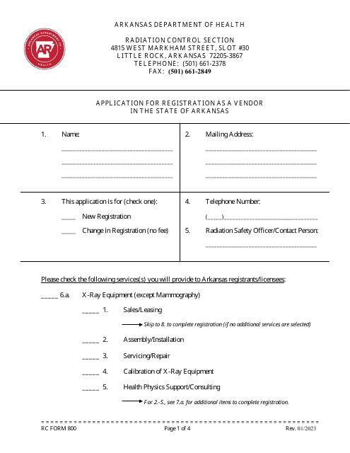 RC Form 800 Application for Registration as a Vendor in the State of Arkansas - Arkansas
