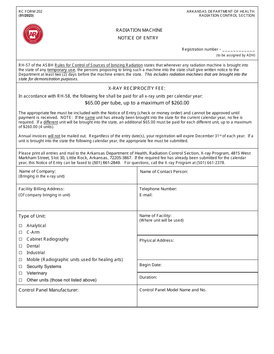 RC Form 202 Radiation Machine Notice of Entry - Arkansas, Page 1