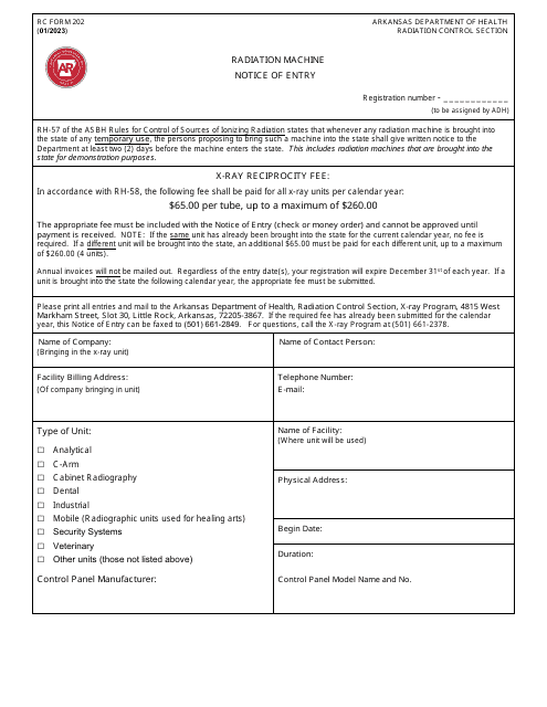 RC Form 202 Radiation Machine Notice of Entry - Arkansas