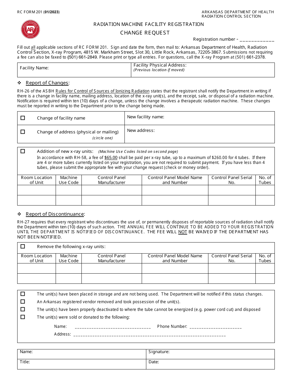 RC Form 201 Radiation Machine Facility Registration Change Request - Arkansas, Page 1