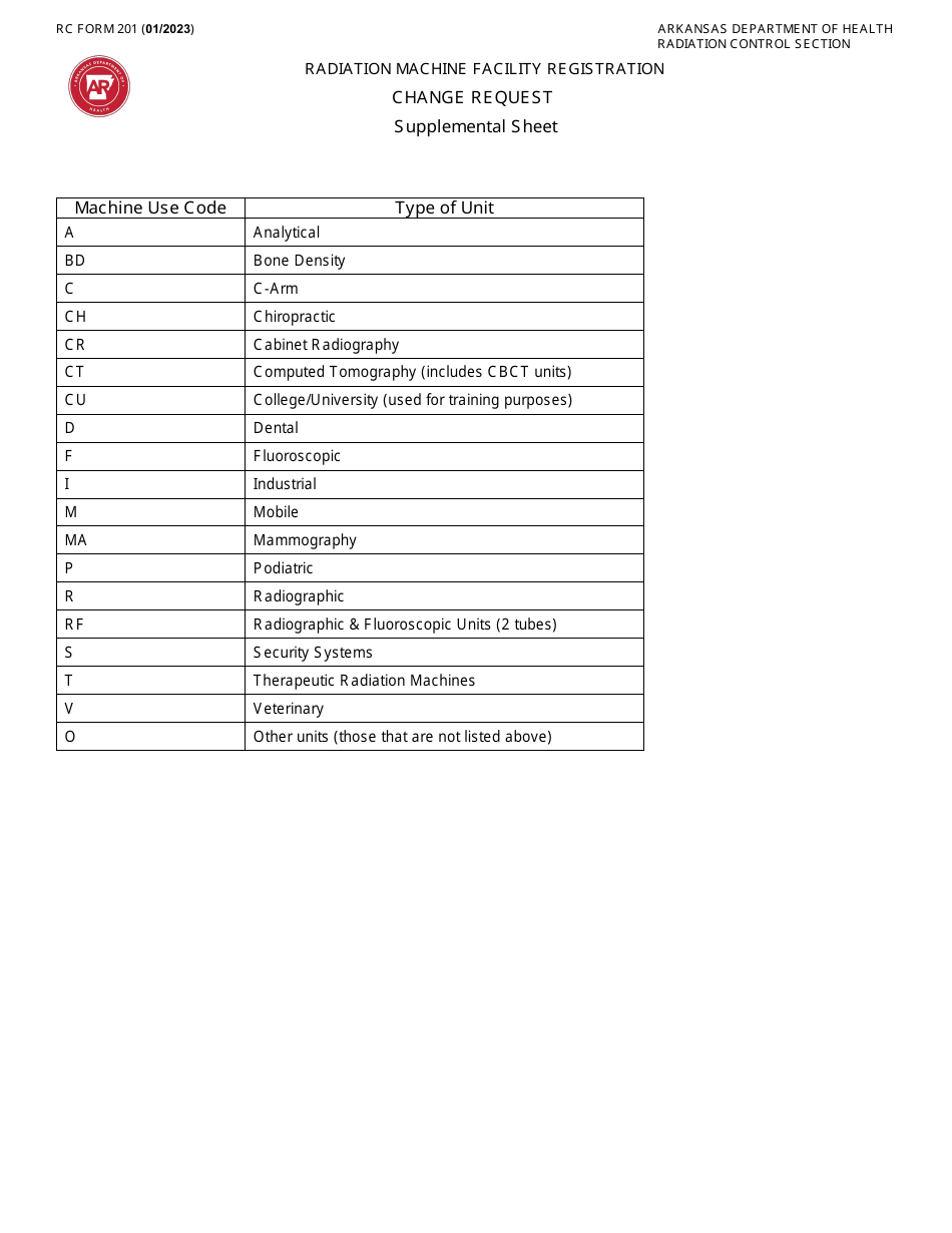RC Form 201 Radiation Machine Facility Registration Change Request - Arkansas, Page 2
