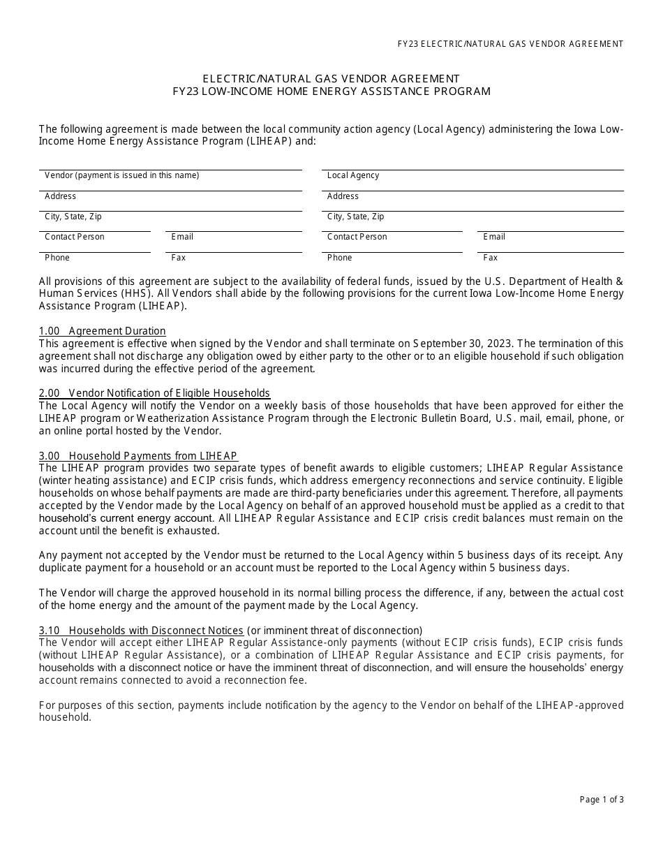 2023 Iowa Electric/Natural Gas Vendor Agreement Home Energy Assistance Program