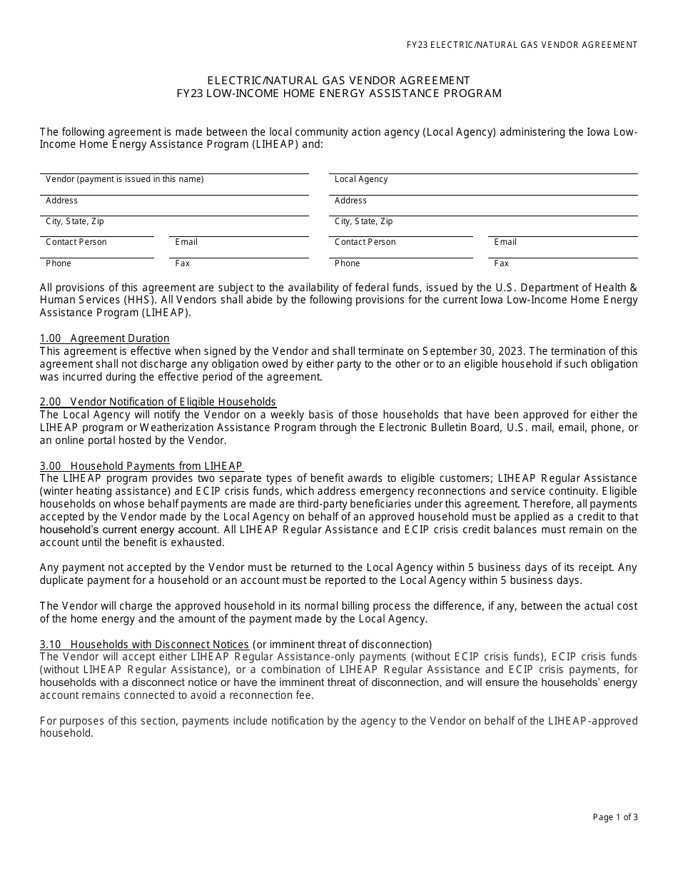 Electric / Natural Gas Vendor Agreement - Low-Income Home Energy Assistance Program - Iowa, Page 1