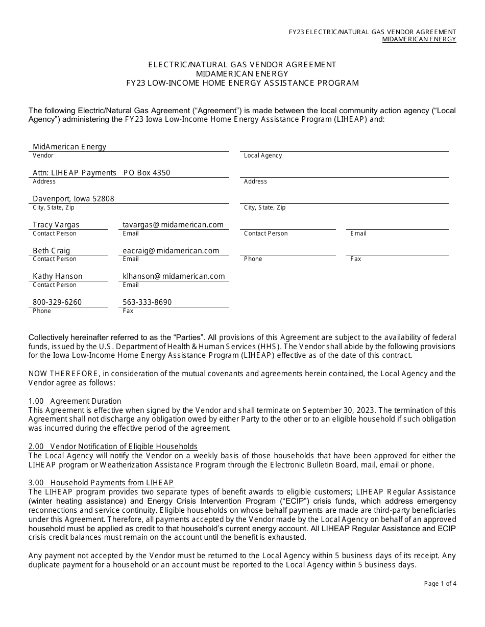 2023 Iowa Electricnatural Gas Vendor Agreement Midamerican Energy Low Income Home Energy 9786