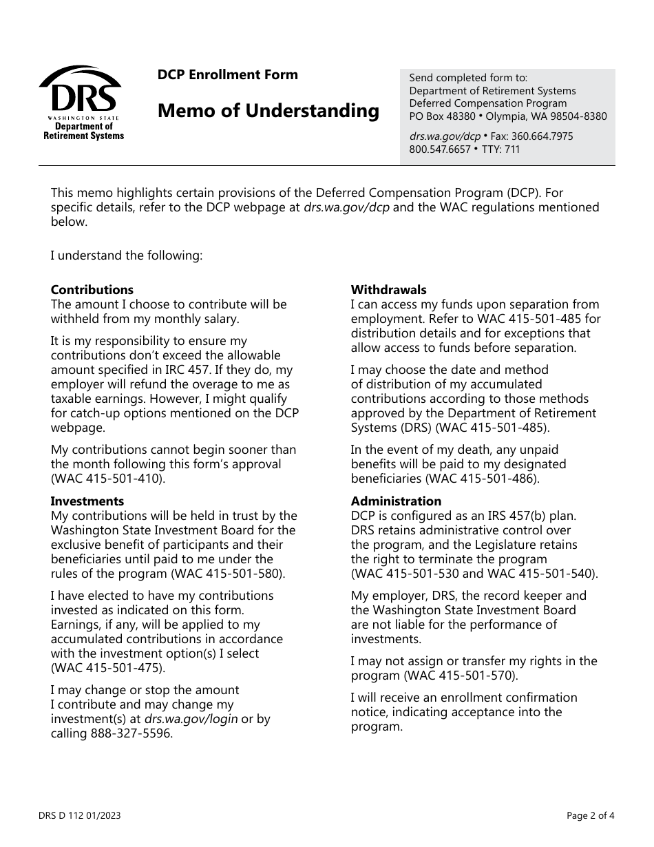 Form DRS D112 Dcp Extended Enrollment Form - Washington, Page 2