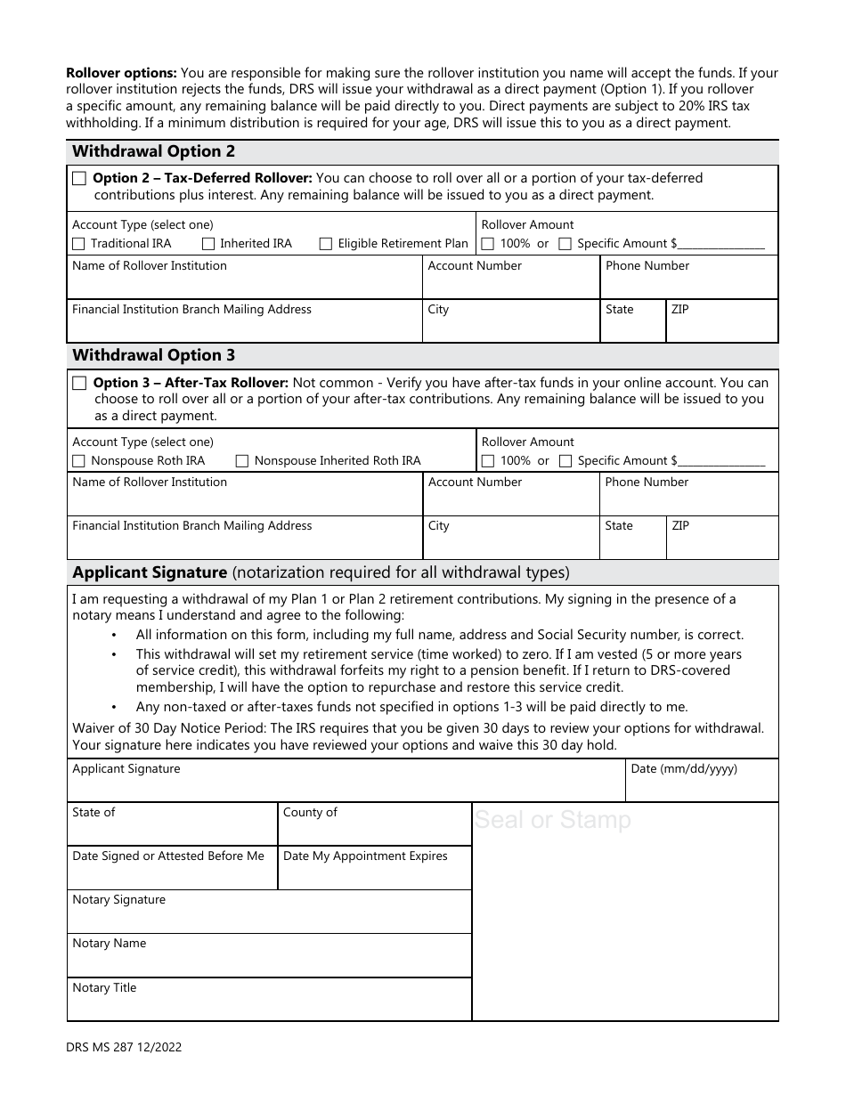 Form DRS MS287 Plan 1 or Plan 2 Contribution Withdrawal - Washington, Page 2