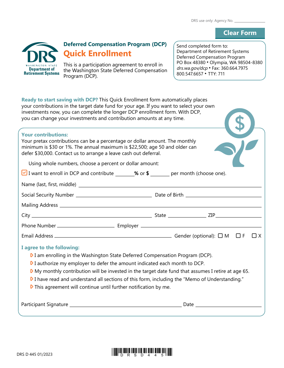 Form DRS D445 Quick Enrollment - Deferred Compensation Program (Dcp) - Washington, Page 1