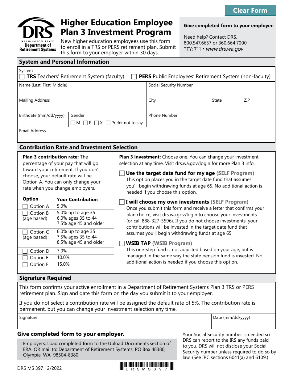 Form DRS MS397 Download Fillable PDF Or Fill Online Higher Education ...