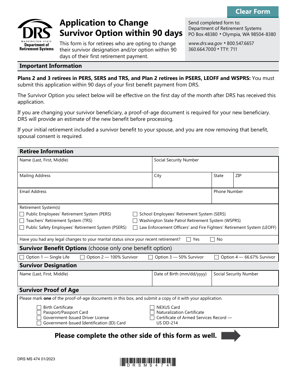 Form DRS MS474 Application to Change Survivor Option Within 90 Days - Washington, Page 1