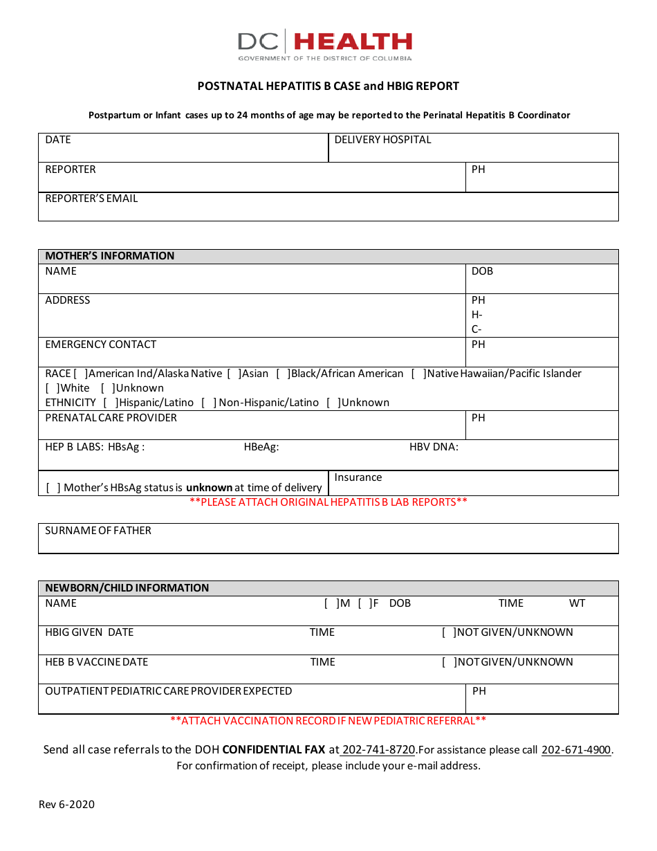 Washington Dc Postnatal Hepatitis B Case And Hbig Report Fill Out Sign Online And Download 6158