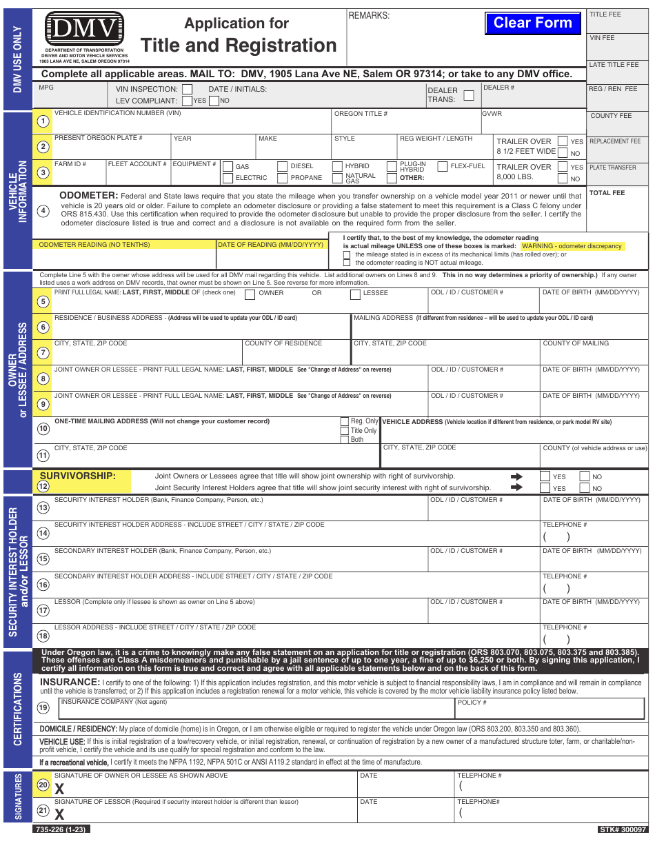 Form 735-226 Application for Title and Registration - Oregon, Page 1