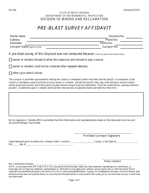 Form EB-39C Pre-blast Survey Affidavit - West Virginia