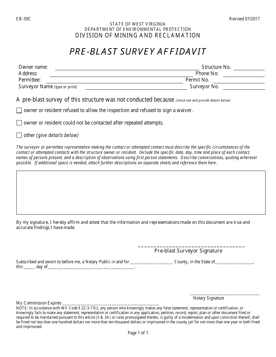 Form EB-39C Pre-blast Survey Affidavit - West Virginia, Page 1