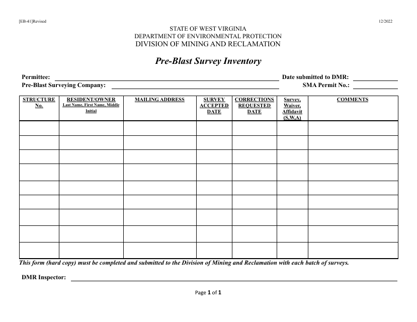 Form EB-41 Pre-blast Survey Inventory - West Virginia