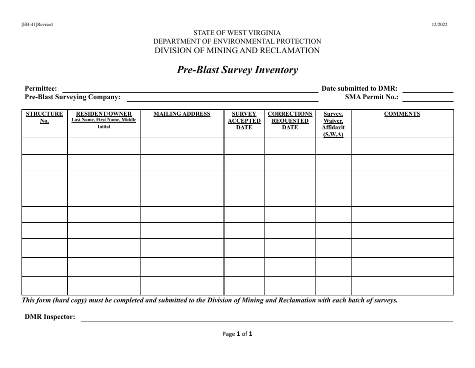 Form EB-41 Pre-blast Survey Inventory - West Virginia, Page 1