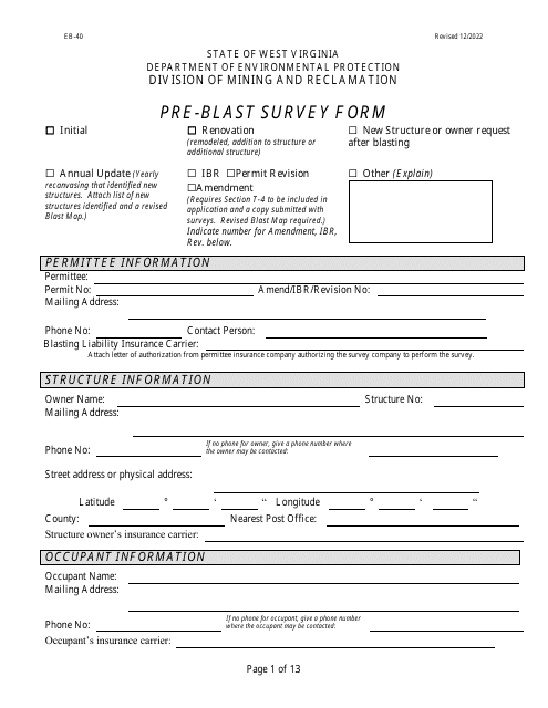 Form EB-40 Pre-blast Survey Form - West Virginia
