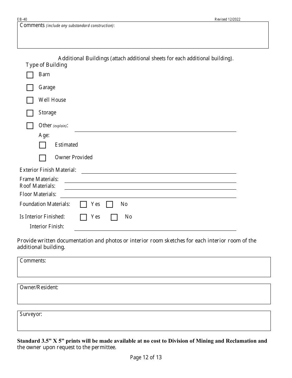 Form EB-40 Pre-blast Survey Form - West Virginia, Page 12