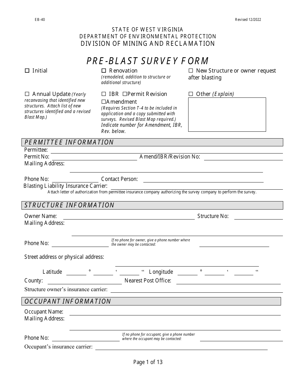 Form EB-40 Pre-blast Survey Form - West Virginia, Page 1