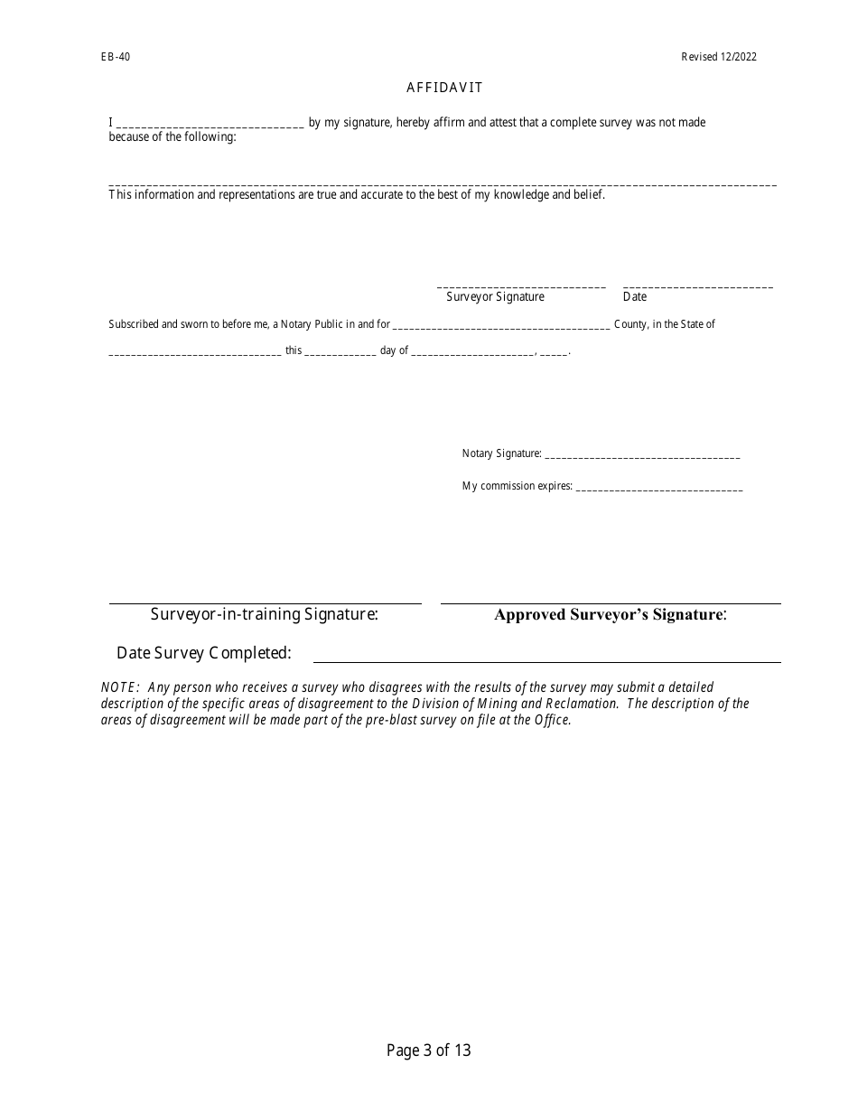Form EB-40 Pre-blast Survey Form - West Virginia, Page 3