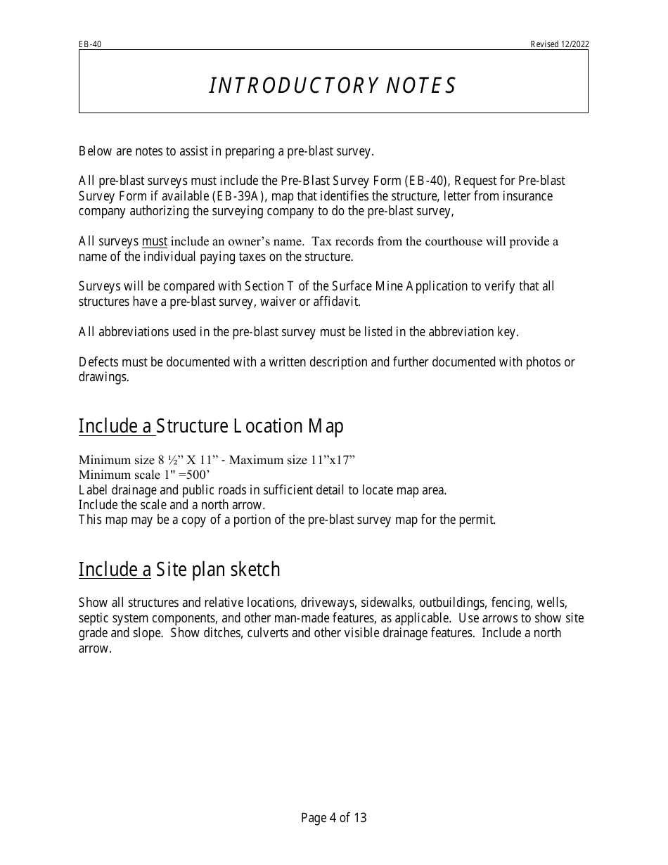 Form EB-40 Pre-blast Survey Form - West Virginia, Page 4