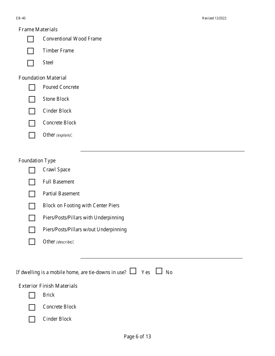 Form EB-40 Pre-blast Survey Form - West Virginia, Page 6