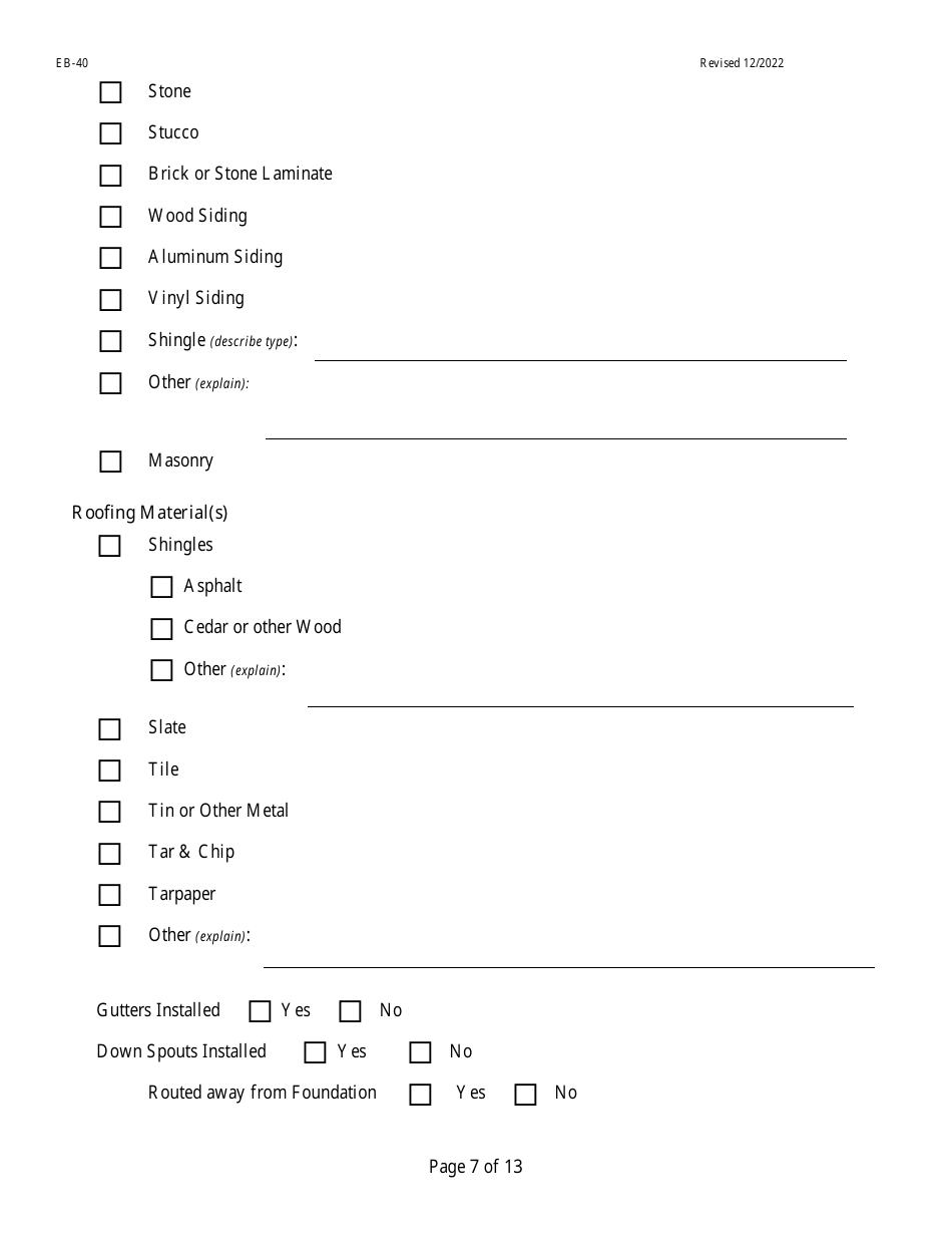 Form EB-40 Pre-blast Survey Form - West Virginia, Page 7
