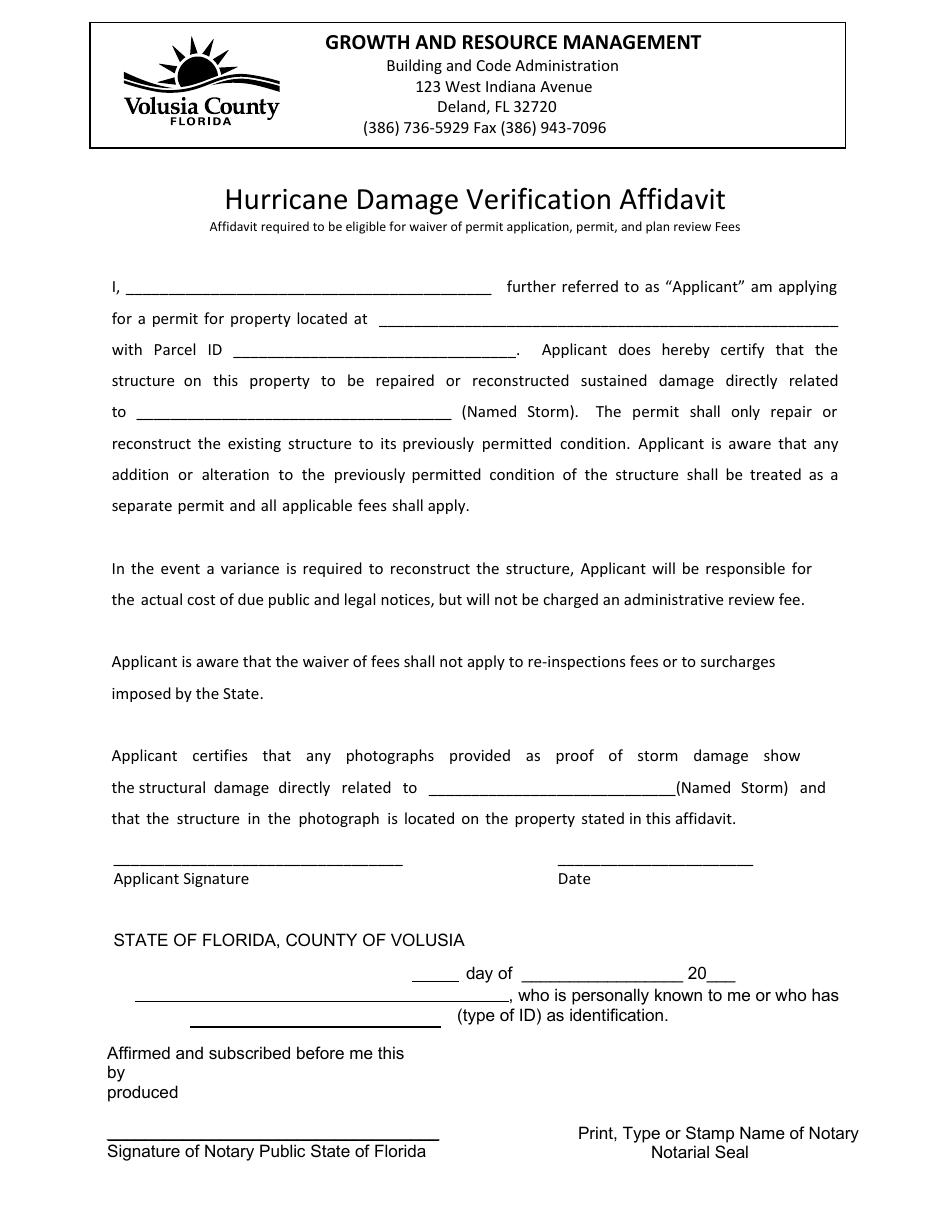 Hurricane Damage Verification Affidavit - Volusia County, Florida, Page 1