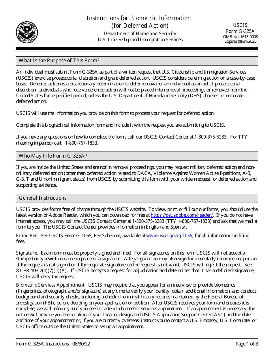 Instructions for USCIS Form G-325A Biometric Information (For Deferred Action), Page 1