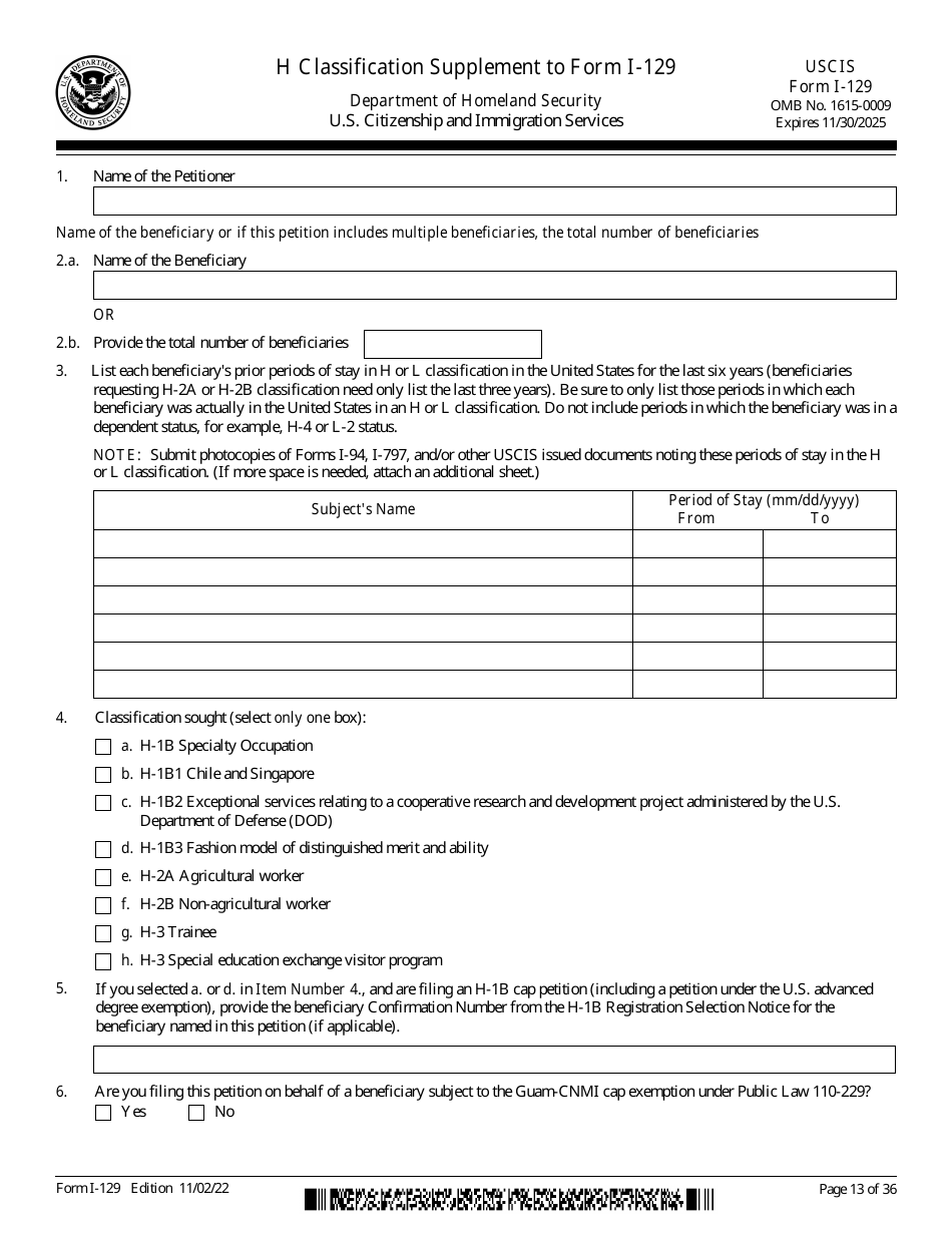 USCIS Form I-129 Download Fillable PDF or Fill Online Petition for a ...