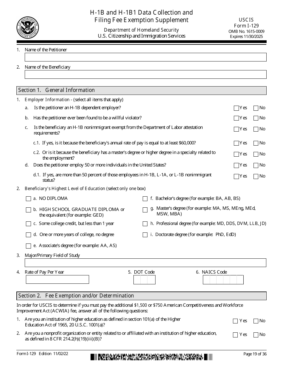 USCIS Form I-129 Download Fillable PDF Or Fill Online Petition For A ...