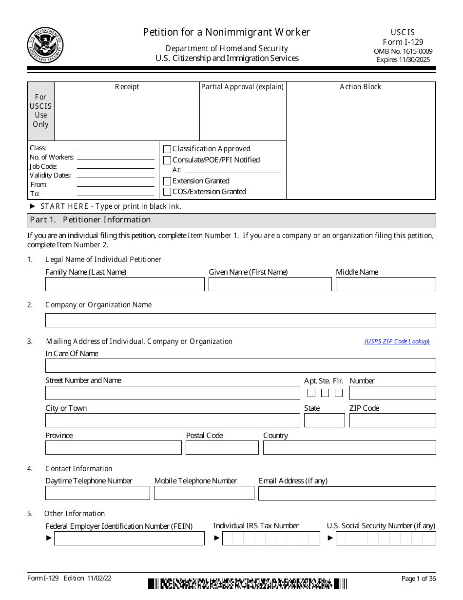 USCIS Form I-129 Petition for a Nonimmigrant Worker, Page 1