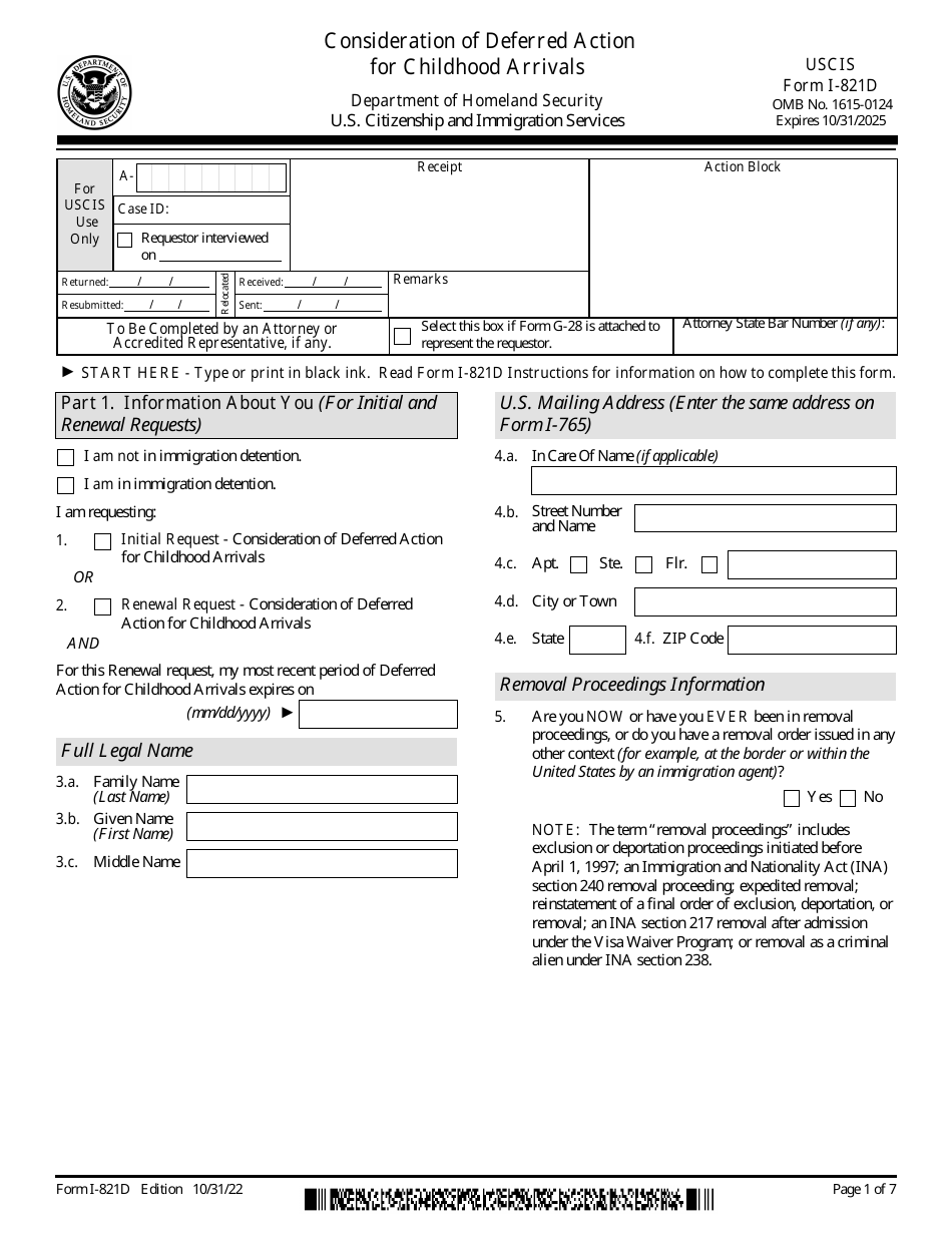 USCIS Form I-821D Consideration of Deferred Action for Childhood Arrivals, Page 1