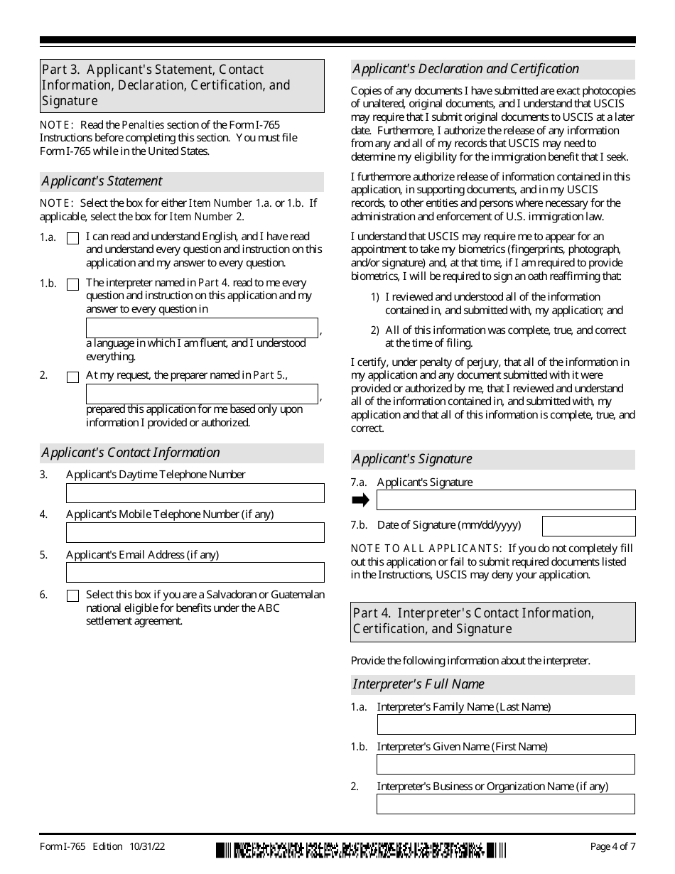 USCIS Form I765 Download Fillable PDF or Fill Online Application for