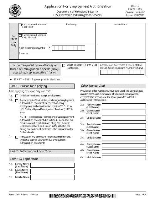 USCIS Form I-765 Application for Employment Authorization