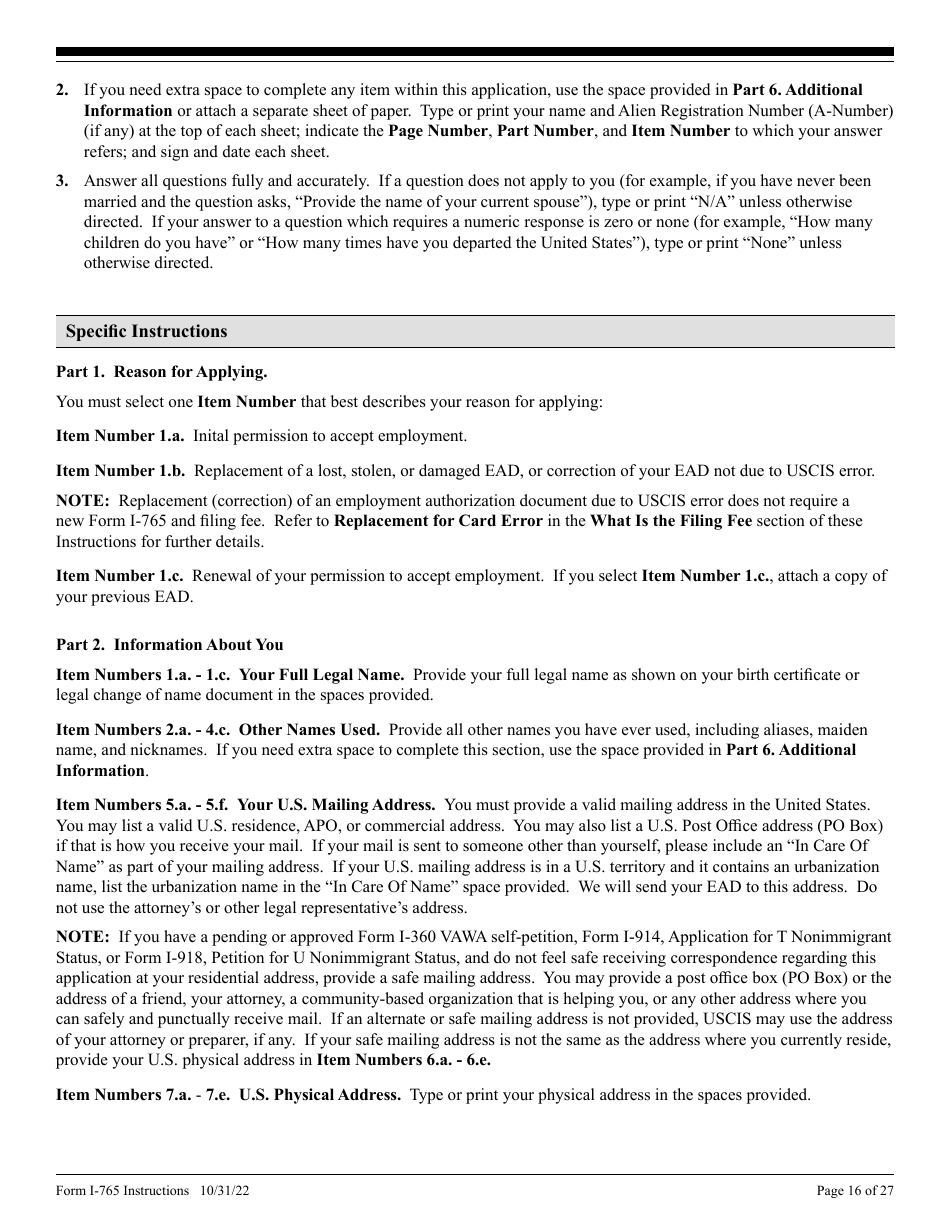 Instructions for USCIS Form I-765 Application for Employment Authorization, Page 16