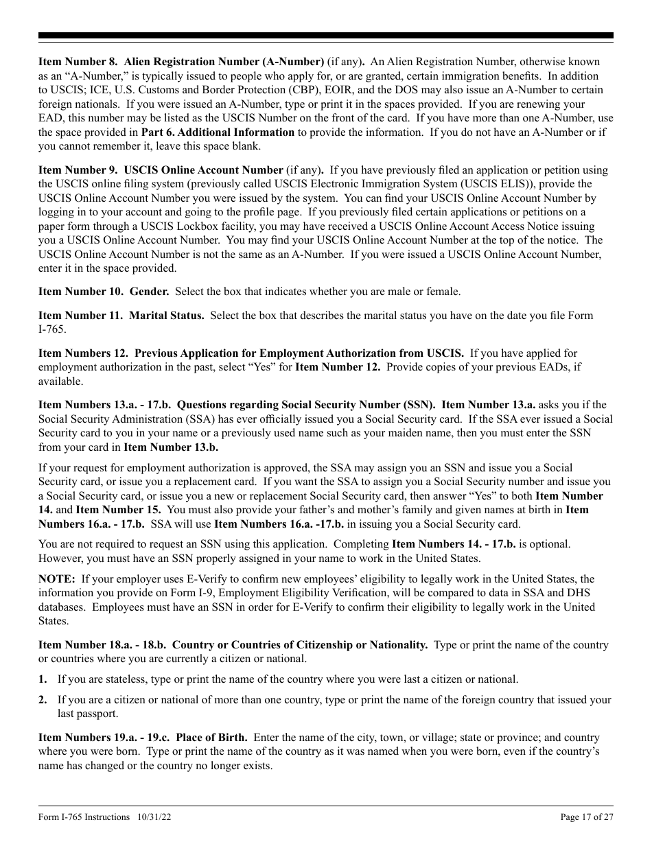 Instructions for USCIS Form I-765 Application for Employment Authorization, Page 17