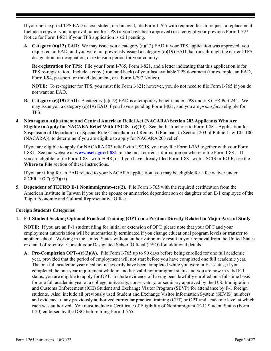 Instructions for USCIS Form I-765 Application for Employment Authorization, Page 3