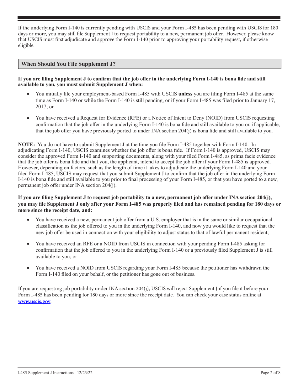 Instructions for USCIS Form I-485 Supplement J Confirmation of Bona Fide Job Offer or Request for Job Portability Under Ina Section 204(J), Page 2