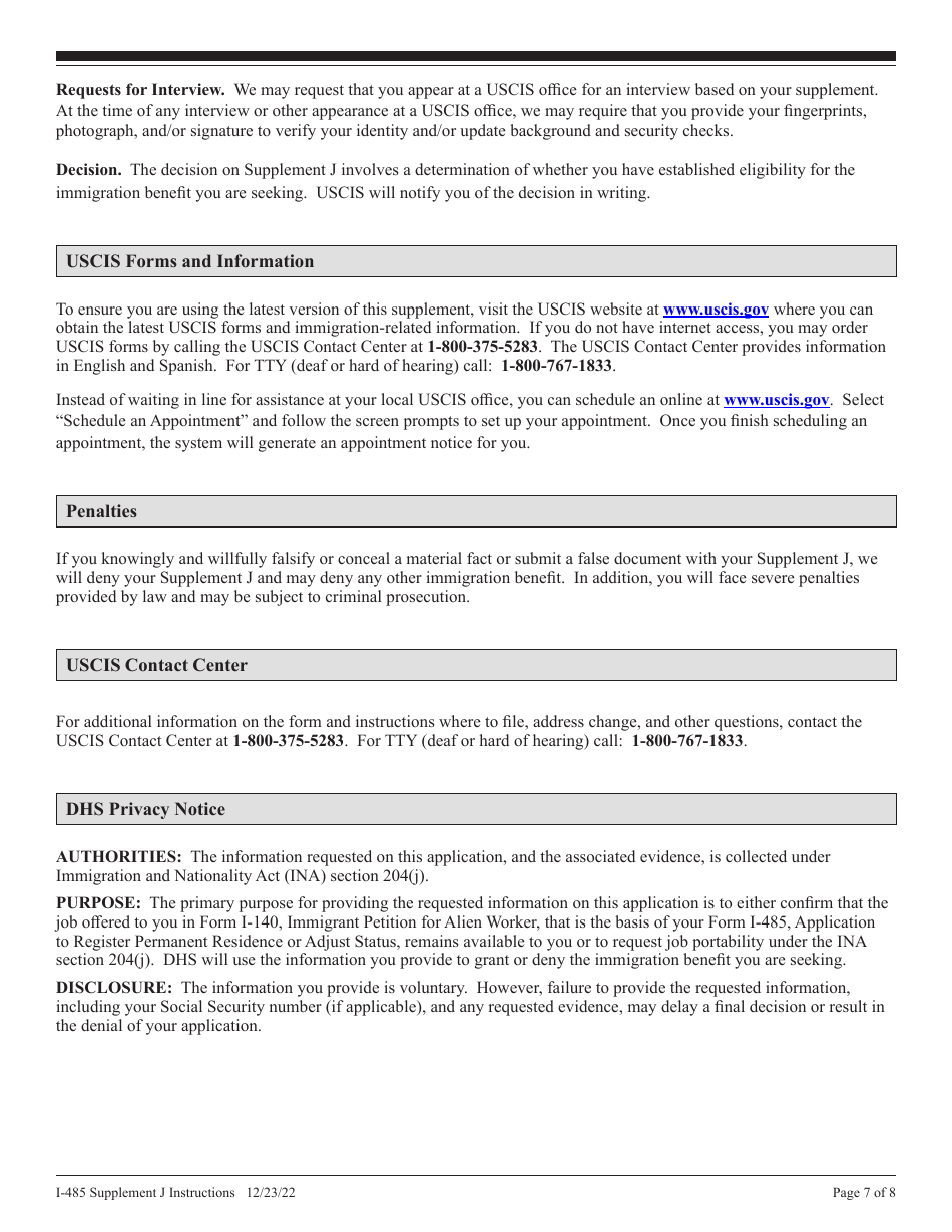 Instructions for USCIS Form I-485 Supplement J Confirmation of Bona Fide Job Offer or Request for Job Portability Under Ina Section 204(J), Page 7
