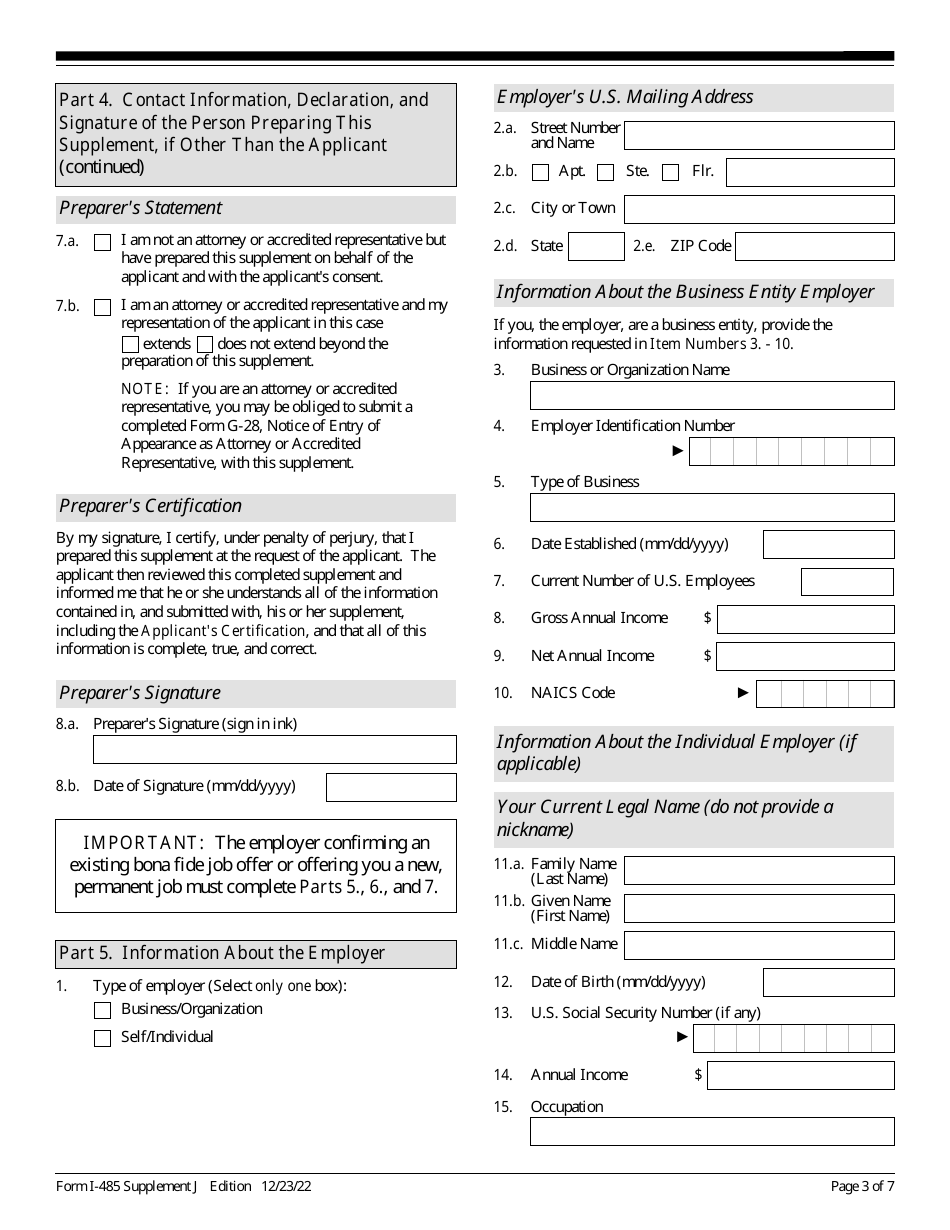 USCIS Form I-485 Supplement J Confirmation of Bona Fide Job Offer or Request for Job Portability Under Ina Section 204(J), Page 3