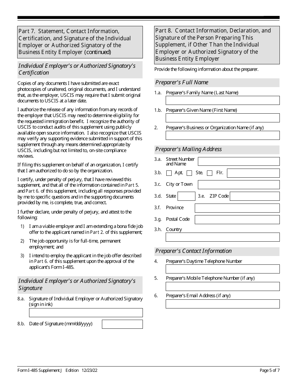 USCIS Form I-485 Supplement J Confirmation of Bona Fide Job Offer or Request for Job Portability Under Ina Section 204(J), Page 5