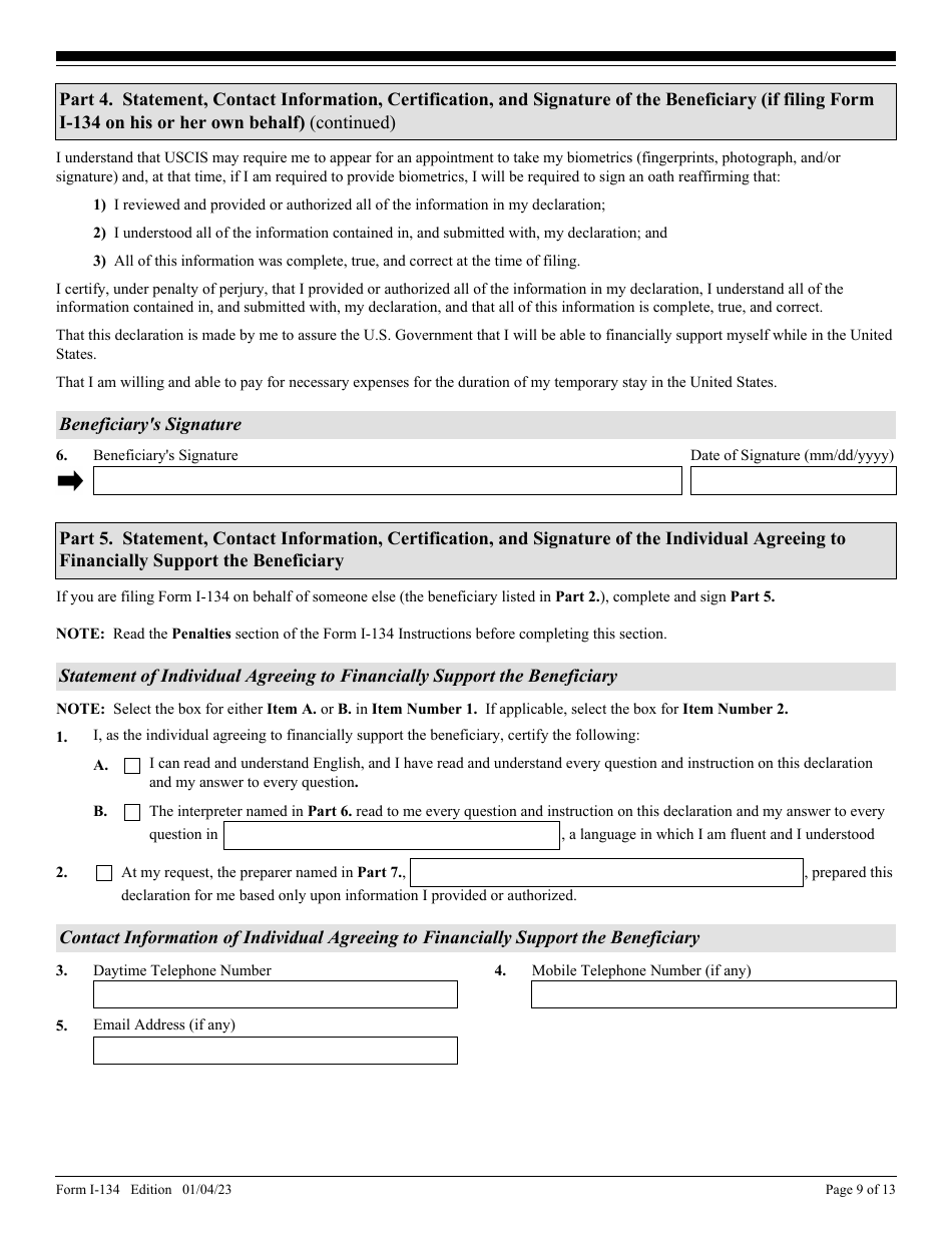 USCIS Form I134 Download Fillable PDF or Fill Online Declaration of